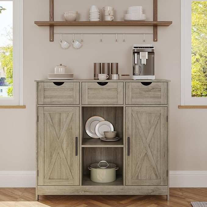 Storage Cabinet, Coffee Bar Cabinet with 2 Adjustable Shelves, 3 Drawers, and 2 Doors, for Bathroom, Kitchen, Living Room (Gray)