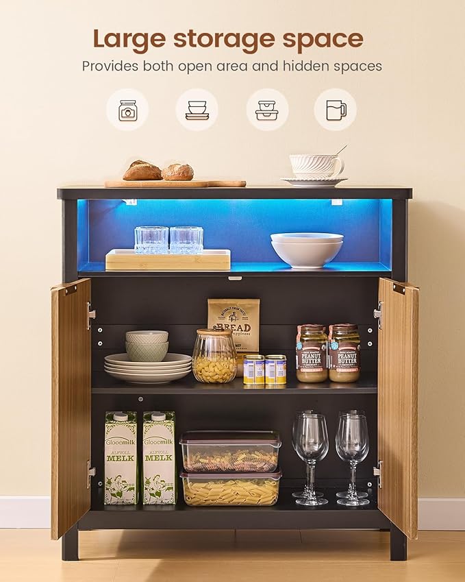 AOGLLATI Sideboard Buffet Storage Cabinet,Buffet Table with Storage & Led Lights, Coffee Bar Cabinet for Kitchen Entryway Living Room, Wood & Black
