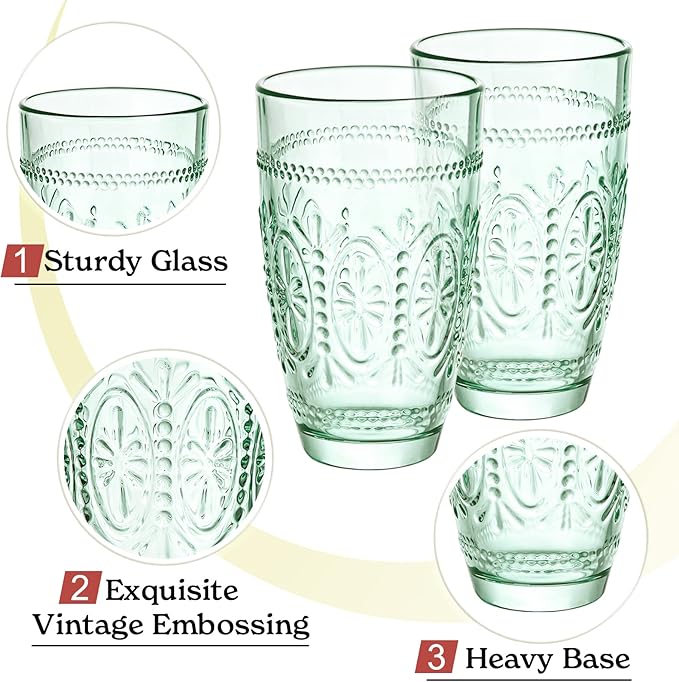 CREATIVELAND Colored Vintage Drinking Glasses Set of 4, 15.5 oz Romantic Embossed Water Glasses, Colored Tumblers Tempered Glass for Juice, Beverages, Beer, Cocktail (Green)