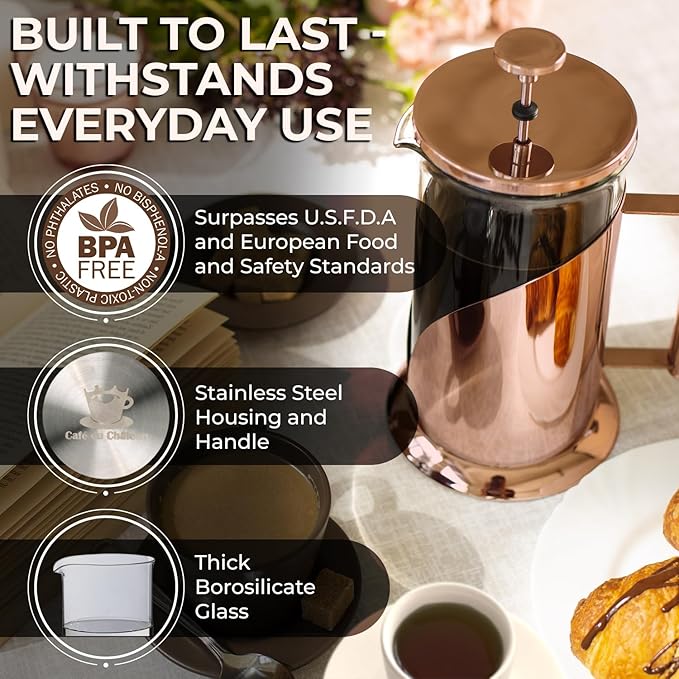Cafe Du Chateau Stainless Steel French Press Coffee Maker 34 oz - Easy to Use Insulated Coffee Press with 4-Level Filtration, Manual Brewer for Tea, Camping & Travel with BPA Free, Durable Clear Glass