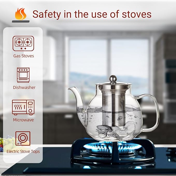 1100ml Glass Teapot with Removable Infuser,37oz Borosilicate Clear Tea Kettle,Stovetop Microwave Safe,Blooming and Loose Leaf Tea Maker Gift