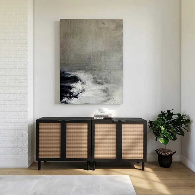 SANGO Orre 2-Door Cabinet, Modern Black Storage Cabinet with Synthetic Rattan Door Panels, Adjustable Shelf, Cylindrical Wood Legs, Discreet Finger Pulls, Elegant Furniture for Living or Dining Room