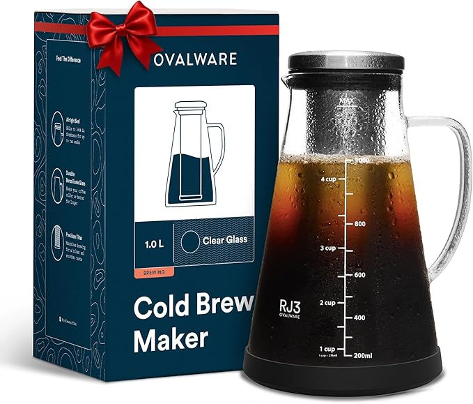 OVALWARE Airtight Cold Brew Iced Coffee Maker Pitcher and Tea Infuser with Spout - 1.0L / 34oz Ovalware RJ3 Brewing Glass Carafe with Removable Stainless Steel Filter