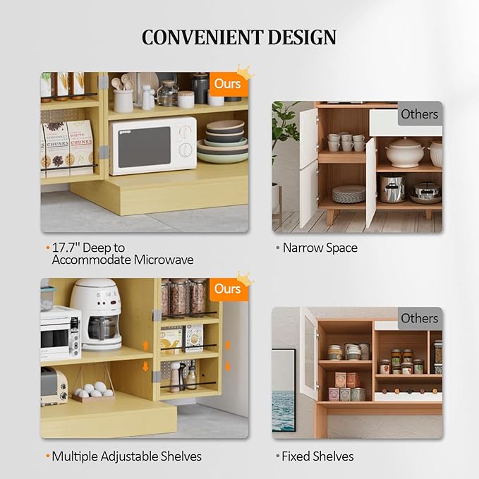 VINGLI Pantry Cabinet, Rattan Kitchen Storage Cabinet with 2 Doors and Adjustable Shelves, 40.5" H Food Storage Freestanding Cupboard for Small Space in Dining Room, Living Room