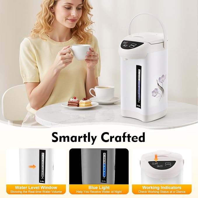 4L Electric Kettle, 135OZ Hot Water Urn Pot Dispenser Electric Tea Coffee Kettle with 3 Water Dispensing Modes, 750W Stainless Steel Boiler Warmer for Home Kitchen (White)