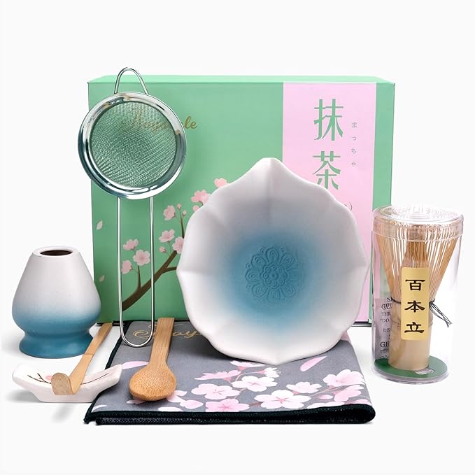 Joyscale Matcha Whisk Set, Matcha Set Whisk And Bowl, 8 Pcs Matcha Kit Set(Lotus Design), 11 OZ, Japanese Matcha Tea Set, Matcha Making Kit Gifts for Tea Lovers(Gradient Blue)