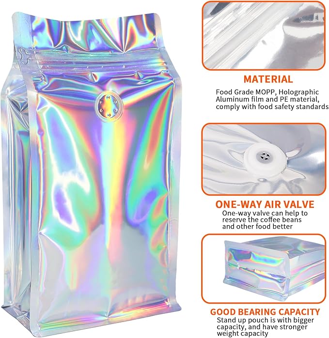 50 PCS Upgraded Coffee Bags with Valve (Holographic, 32 oz/2 lb), Black High Barrier Aluminum Foil Flat Bottom Standing Coffee Bean Storage Bags, Heat Sealable Resealable Bag for Home.