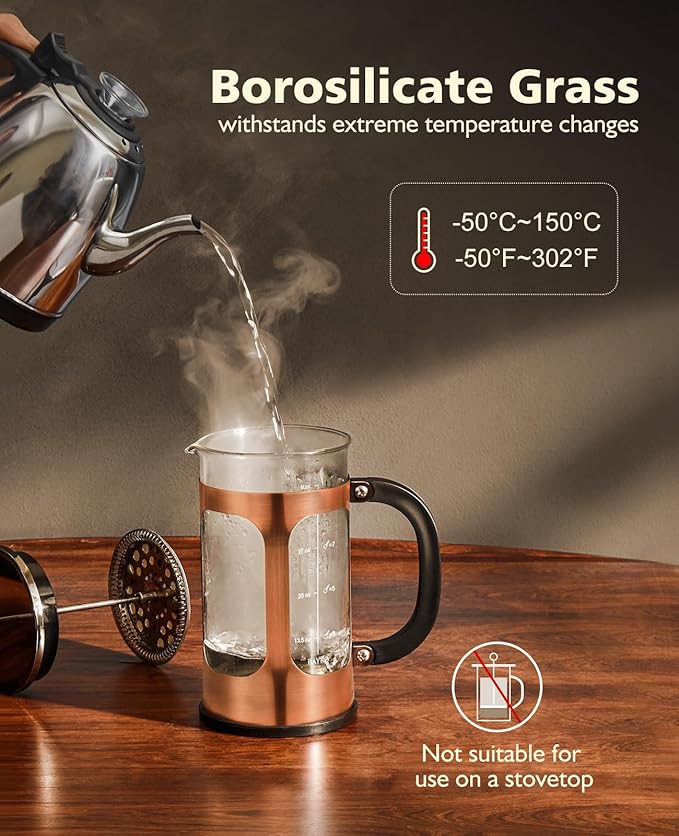 BAYKA 34oz 1 Liter French Press Coffee Maker, Christmas Coffee Lover Gifts Basket Set, Heat Resistant Thickened Borosilicate Glass Stainless Steel Brewer, Cold Brew Cafetera Teapot for Kitchen, Copper
