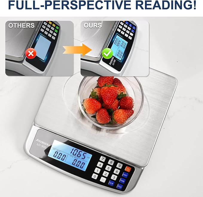 Atogou 110lb Food Scale, Commercial Kitchen Scale with Price Computing, Plug-in Usable, 0.05oz/1g, 304 Stainless Steel, for Cooking, Vegetables, Farm, Industry, Counting. LC300 Silver