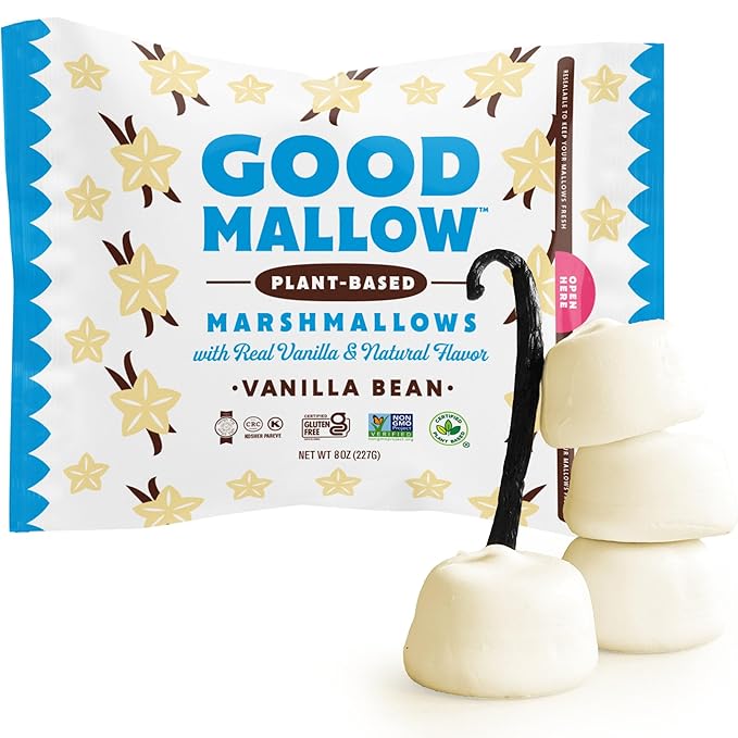 GoodMallow Vegan Marshmallows - Large Kosher Halal Gluten Free Dairy Free Healthy- Natural Gelatin Free Marshmallows for Hot Chocolate, Smores, Baking - Nothing Artificial, Made in USA (White Vanilla ) (Pack of 4)