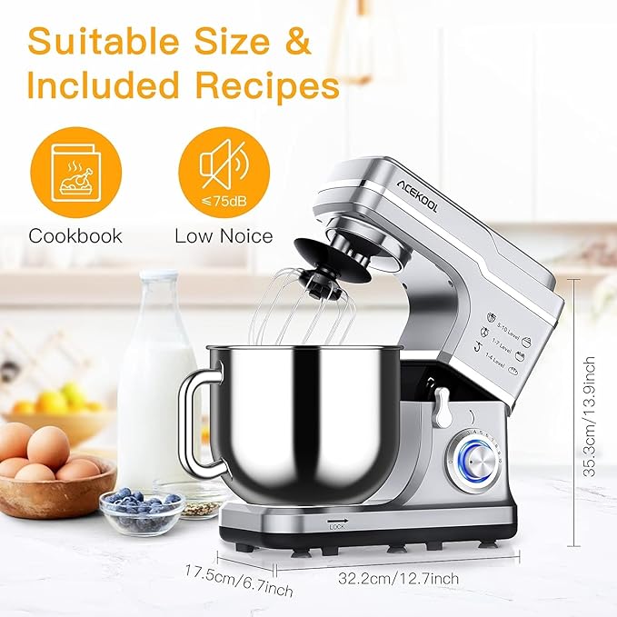 Garvee 7.5 QT Stand Food Mixer, 10-Speed Tilt Head 3 in-1 Kitchen Electric Mixer with Stainless Steel Bowl, Egg Whisk, Dough Hook, Beater, Splash Guard, Compact Dough Mixer for Home Cooks, Silver