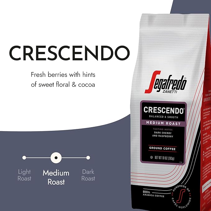 Segafredo Zanetti Ground Coffee – Made with Arabica Coffee – Medium Roast, Aroma of Fresh Berries, Hints of Sweet Floral & Cocoa – Smooth, Medium-Bodied – Crescendo, 10oz Bag, Pack of 6