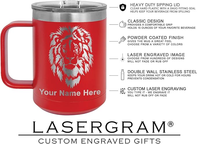 LaserGram 15oz Vacuum Insulated Coffee Mug, Sushi, Personalized Engraving Included (Red)
