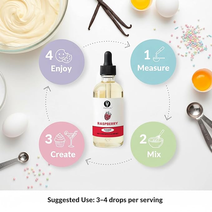 Dolce Flav Natural Raspberry Extract 2 oz – Kosher, Sugar-Free, Concentrated Tart Raspberry Flavoring for Baking, Beverages & Desserts, Includes Measured Dropper
