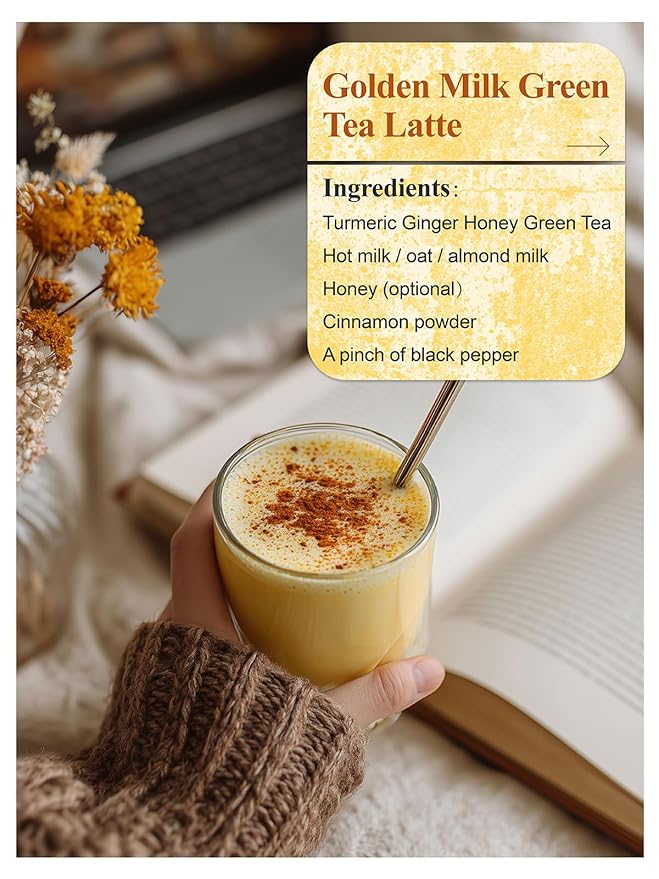 LOOMICA Honey Turmeric Ginger Green Tea, Naturally Caffeinated, Smooth Green Tea Blend with Golden Spice & Honey Flavor, Naturally Uplifting, No Artificial Sugar Added, 20 Count