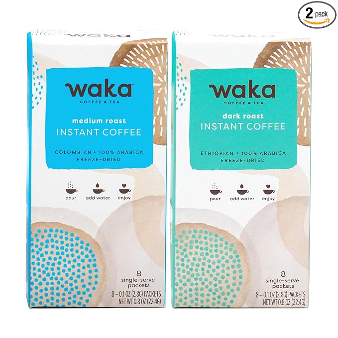 Waka Quality Instant Coffee — Origin Explorer 2 Box Combo — 100% Arabica Freeze Dried Beans — Ethiopia Dark Roast, Colombia Medium Roast, 8 packets per box