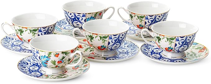 BTaT- Vintage Tea Cups and Saucers Set of 6 (8 oz), Porcelain Tea Cup Sets, Indigo Bloom Floral Design, Dishwasher Safe