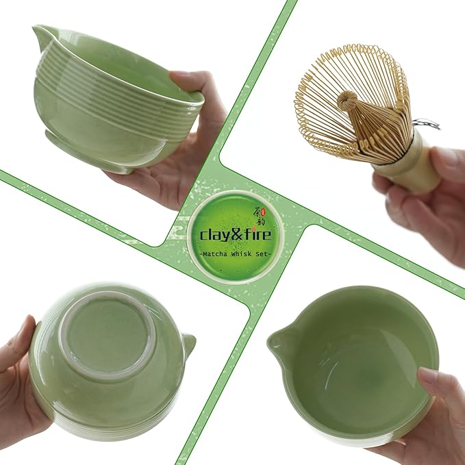 Clay&Fire Matcha Whisk Set, Ceramic Matcha Set, Matcha Bowl with Spout and Whisk, 9 pcs Matcha Tea Kit for Matcha Lovers, Ideal Gift Christmas, Birthday (Green)