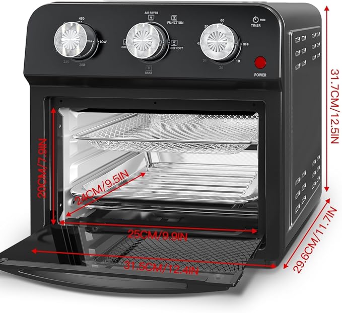 PlumChef 13 Quart 4 Slices Air Fryer Convection Toaster Oven, 1500W, Multifunction Oven for Air Fryer, Gril, Defrost, Bake, Time and Temperature Controls(Black)