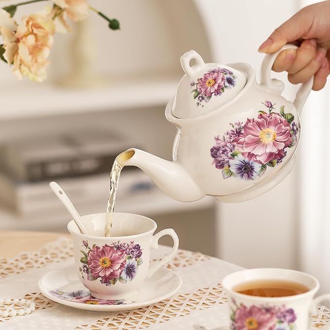 20-Pieces Tea Set For Adult with Golden Metal Rack,Porcelain Tea Sets For Women,Tea Gift Sets for Home&Party(K018)