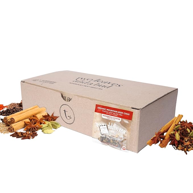 Two Leaves and a Bud Organic Mountain High Chai Tea Bags, Whole Leaf Black Tea and Spices in Compostable Sachets, 100 Count (Pack of 1)
