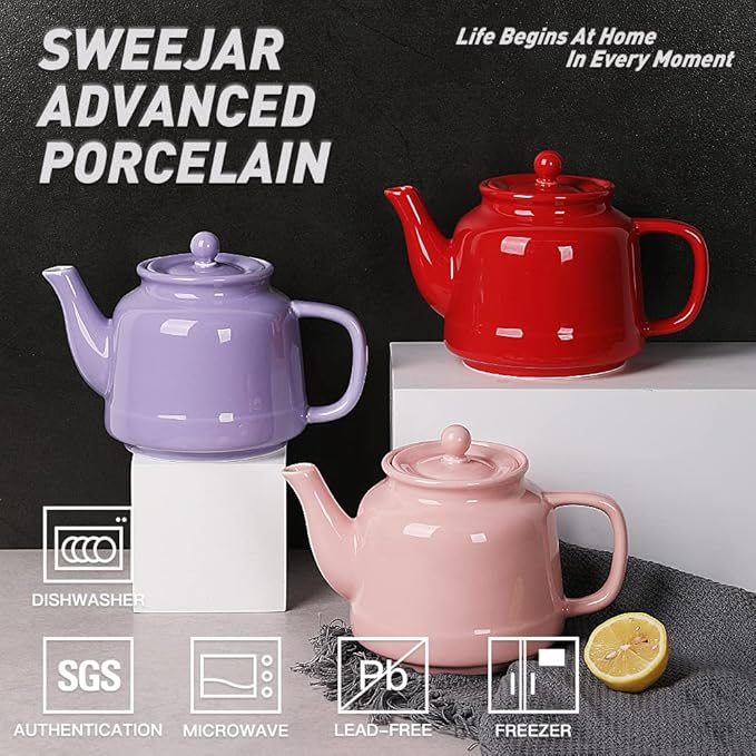 Sweejar 35 oz Porcelain Tea Pot, Teapot with Removable 18/8 Stainless Steel Infuser, Microwave & Dishwasher Safe Tea Maker, Tea Infuser Pots for Blooming loose Leaf Tea,Chrismas Women Gift (Pink)