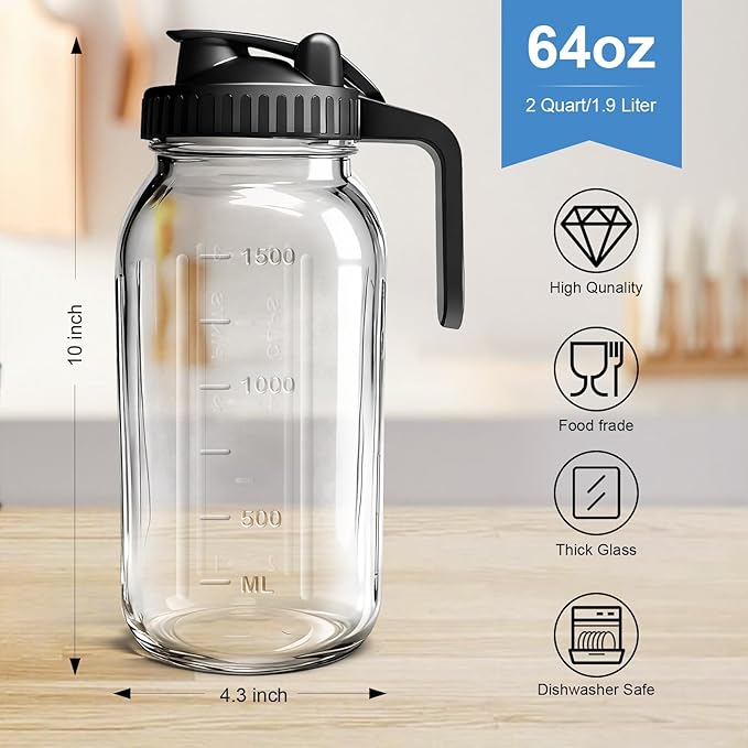 Glass Pitcher Carafes with Lid and Handle, 64oz Water Pitcher Mason Jar, Leakproof Fridge Glass Jug, Large Water Carafe for Coffee, Lemonade, Iced Tea, Beverage, Juice