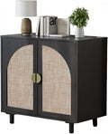 Black Rattan Sideboard Buffet Cabinet with Doors and Shelf, Rattan Accent Cabinet with Wood Feet, Boho Storage Cabinet for Living Room, Kitchen, Entryway