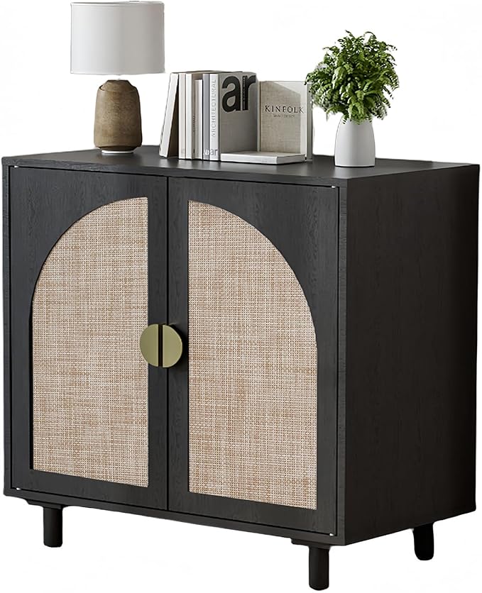Black Rattan Sideboard Buffet Cabinet with Doors and Shelf, Rattan Accent Cabinet with Wood Feet, Boho Storage Cabinet for Living Room, Kitchen, Entryway