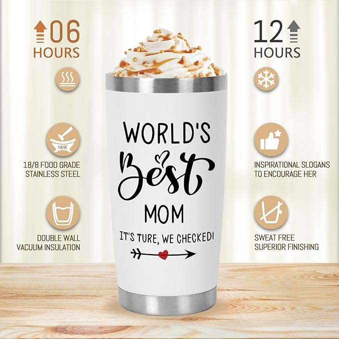 Mothers Day Gifts for Mom Women from Son, Daughter, World's Best Mom Gift for her Ideas Thank You Present - 20 OZ Travel Coffee Tumbler