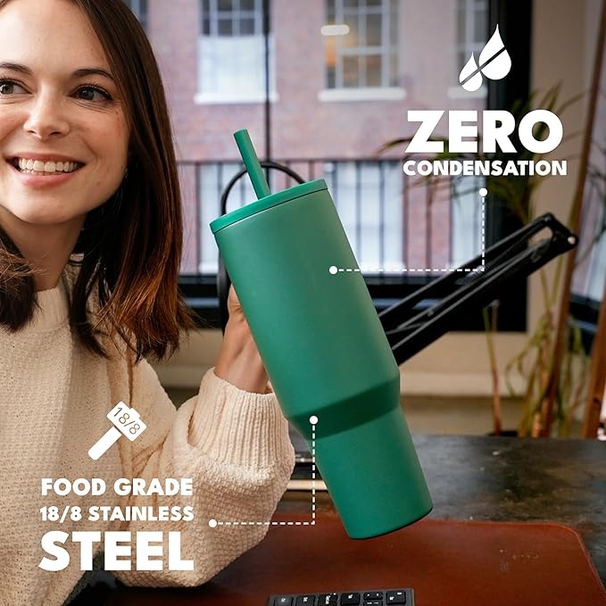 Elemental 40 oz Tumbler with Handle and Straw - Spill Proof Insulated Stainless Steel Commuter for Hot and Cold Beverages - Travel Coffee Mug with 2 Straws & Spill Proof Lid - 40oz - Forest Green