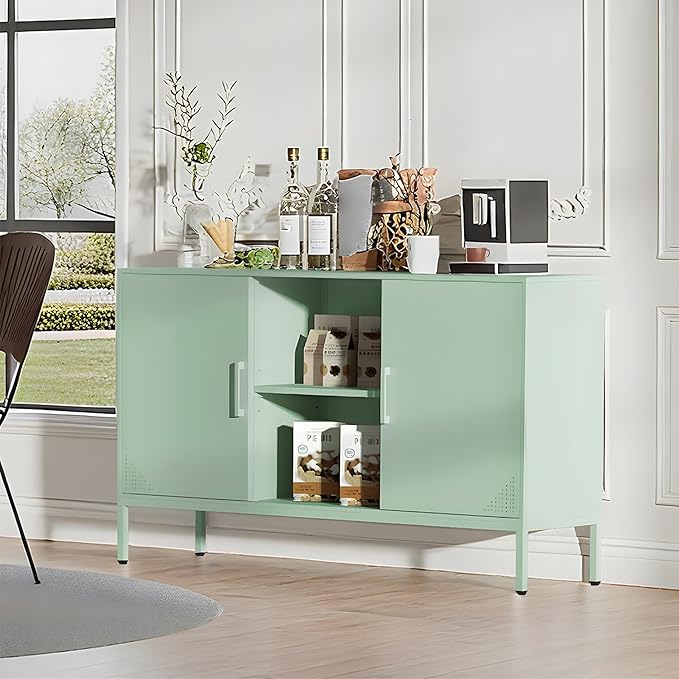 Metal TV Stand for 65 Inch TV, Metal Storage Cabinet Sideboard Buffet Cabinet Coffee Bar 2 Door Locker Pantry for Office Home Kitchen (Green, 47.24" D x 13.78" W x 29.53" H)