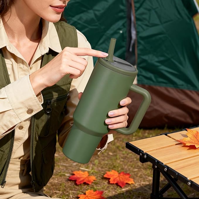 40 oz Insulated Tumbler with Handle,Flip Straw,Lid & Rubber Base Stainless Steel Water Bottle - Leak Proof Vacuum Insulated Mug BPA Free Reusable Travel Cup Gifts for Women/Men (dark green 40oz)