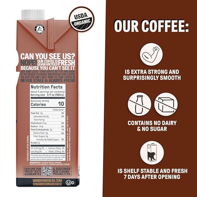 Wandering Bear Organic Cold Brew Coffee Variety Pack - Extra Strong, Bold, Smooth, Unsweetened, Shelf-Stable, Ready to Drink, Iced Cold Brewed Coffee Drink - 32 fl oz (3pk - Vanilla, Caramel, Mocha)