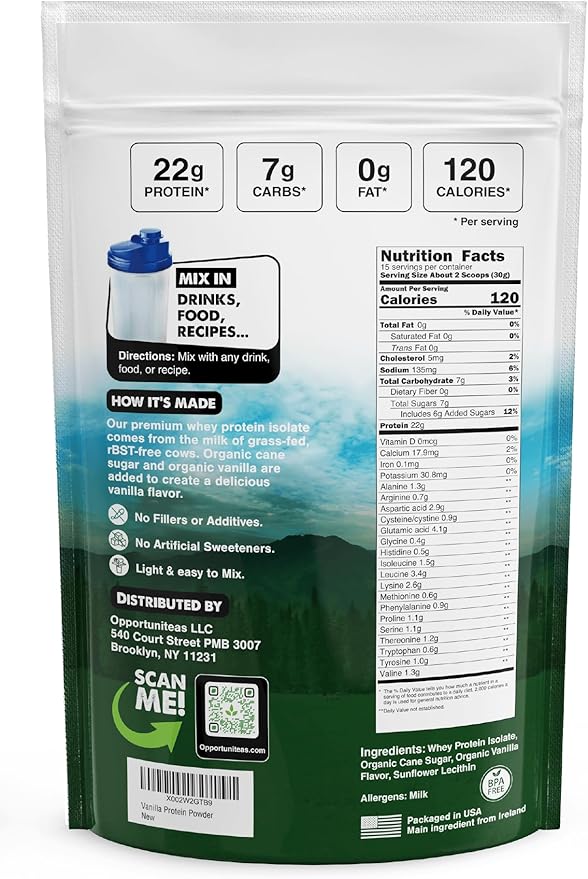 Opportuniteas Grass Fed Vanilla Whey Protein Isolate Powder - 22g Protein Powder Without Artificial Sweeteners, Hormone-Free Cows, Non GMO - 1lb