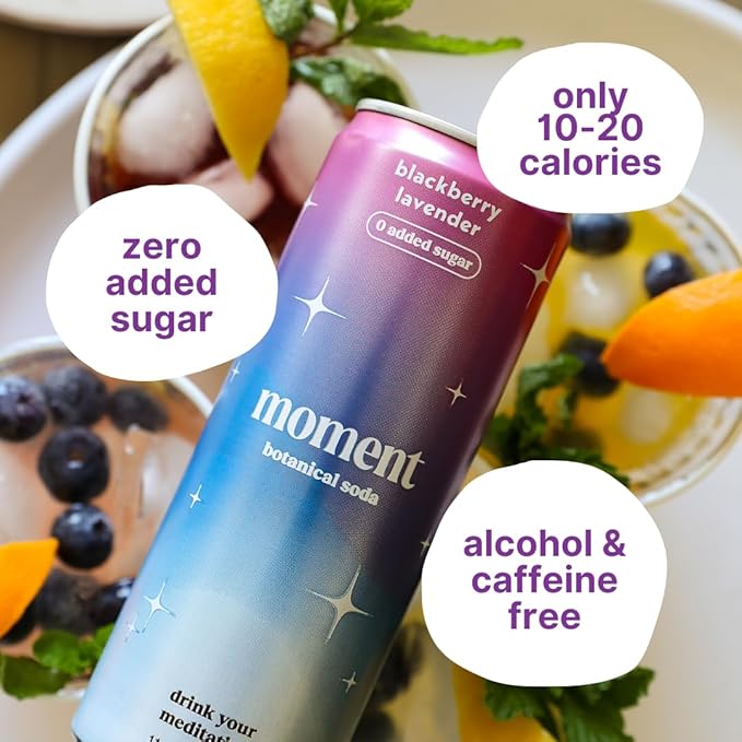 Moment Botanical Soda Soft Drink (Shark Tank) - SPARKLING Drinks | Fruity Fun | L-Theanine & Ashwagandha for Calm & Clarity | 0 Added Sugar 0 Caffeine | 24-pack