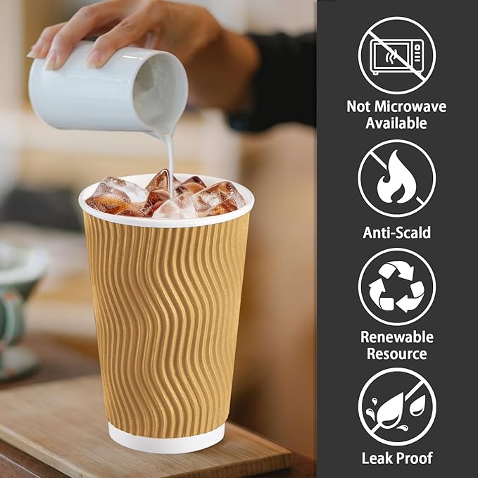 Lamosi Disposable Coffee Cups 16 OZ 90 Pack, Paper Coffee Cups 16 OZ for Hot Drinks or Cold Beverages, Insulated Corrugated Ripple Wall Cup No Lids for Office, Cafe, Home or Travel (Champagne)