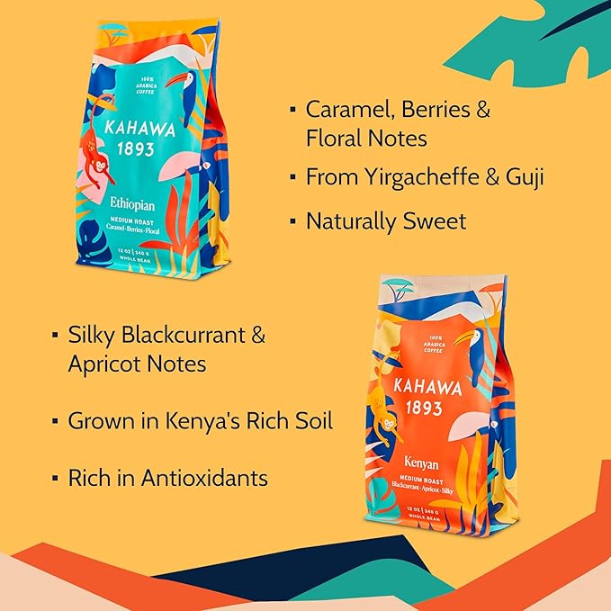 Kahawa 1893 Whole Bean Coffee Combo Pack Kenyan & Ethiopian Blend (12 Oz x 2) - As Seen on Shark Tank, High Antioxidants, Naturally Sweet, Organically Grown, Ethically & Sustainably Sourced