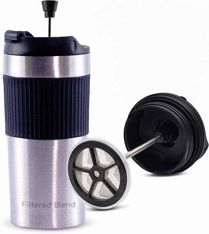 15oz Double Wall Stainless Steel Insulated French Press Coffee and Tea Maker - Portable Camping Mug and Tumbler - Heat Retaining, Leak-Proof, Travel-Friendly for Office and Outdoor Adventures (Silver)