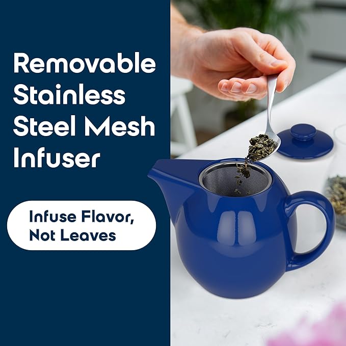 OmniWare 24 Ounce Teapot with Removable Stainless Steel Infuser (Simply Blue) - Loose Leaf Tea Brewer, Microwave & Dishwasher Safe, Retro-Inspired Stoneware for Kitchen & Dining