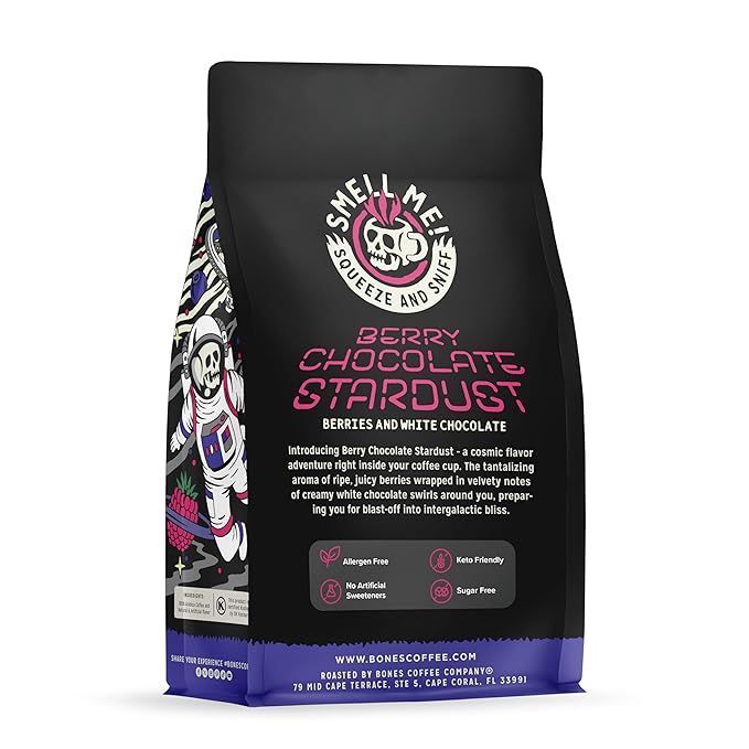 Bones Coffee Company Berry Chocolate Stardust, Berries and White Chocolate Flavored Coffee, Medium Roast Low Acid Arabica Beans For Auto drip and French Press Coffee Maker, 12 Oz Ground