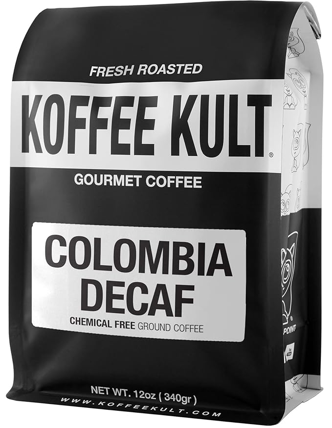 Koffee Kult Colombia Decaf Coffee Ground Decaffeinated Medium Roast 100% Arabica Whole Bean Naturally Swiss Water Process Chemical Free Espresso (Ground, 12oz)
