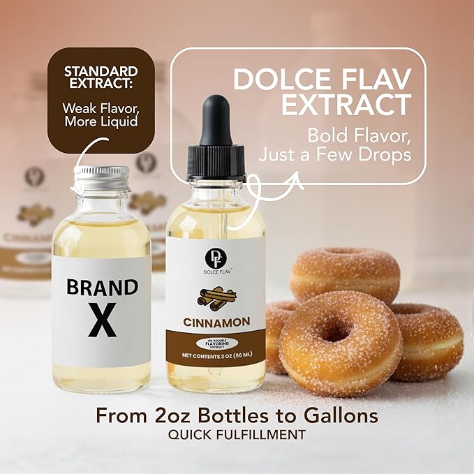 Dolce Flav Natural Cinnamon Extract – 2 Ounce Oil-Soluble Kosher, Sugar-Free, Concentrated Spice Flavor for Candy, Chocolates & Desserts, Includes Measured Dropper