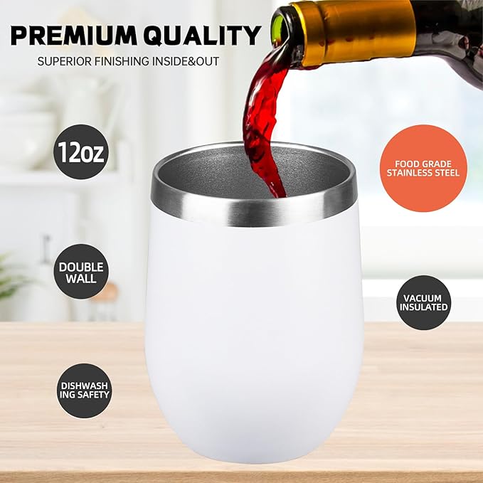 StarSpeed 12oz/6 Pack Wine Tumbler with lid, Stainless Steel Travel Mugs Stemless Double Wall Insulated Coffee Cup, Insulated Wine Glasses Travel Tumbler for Cold & Hot Drinks(White, 6)