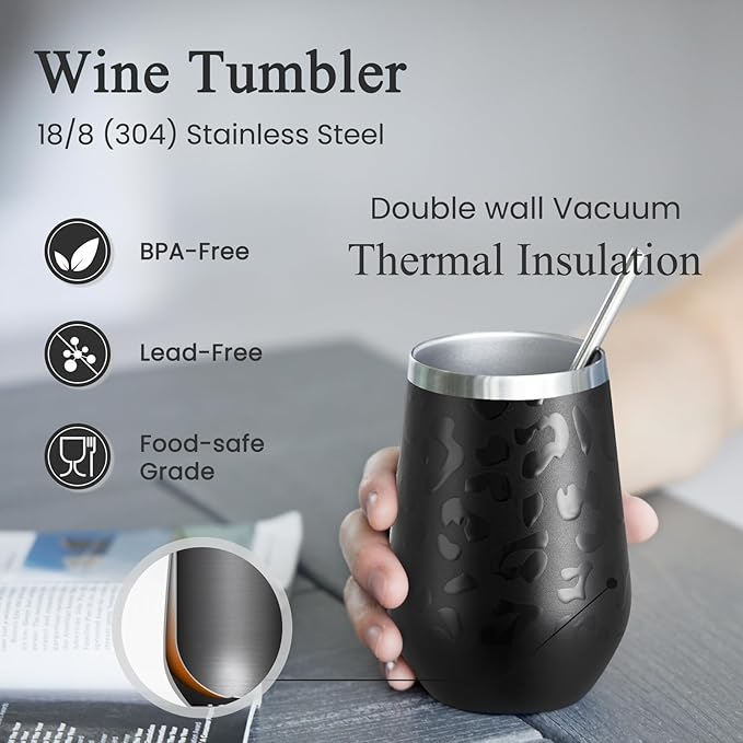 MEWAY 12oz Insulated Wine Tumbler with Press-In Lid, Double Wall Vacuum Stainless Steel Travel Tumbler with Straw,Travel Cup for Coffee, Gift for Woman Under 10 dollars(Black Leopard,Set of 12)