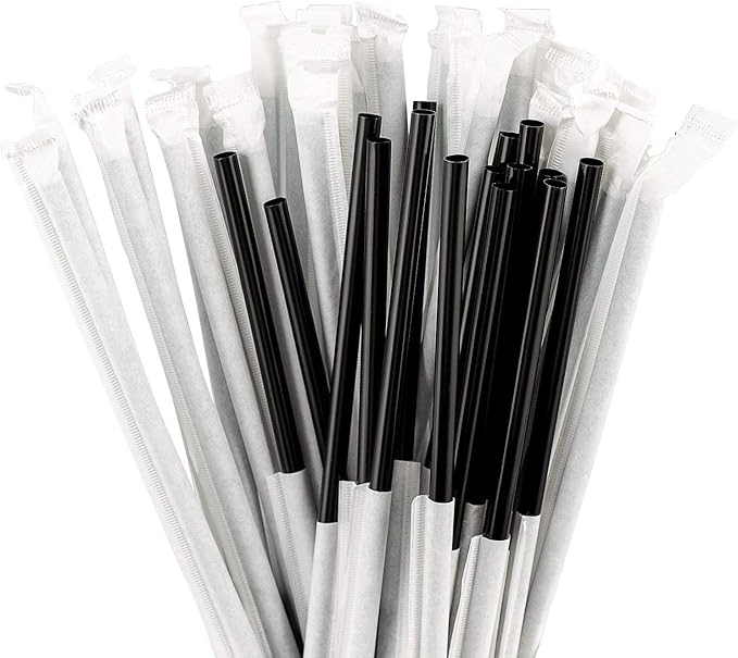 DuraHome Plastic Straws Individually Wrapped BPA Free Restaurant Style Disposable Straw (10.25" Long Straws, Black)