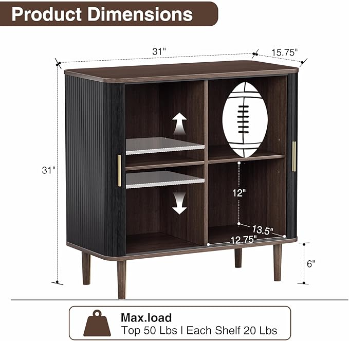 35" Fluted Accent Buffet Cabinet, Black Small Storage Sideboard with Sliding Door, Mid Century Modern Credenza with Solid Wood Leg, Wine Coffee Bar Console Table for Kitchen, Entryway, Living