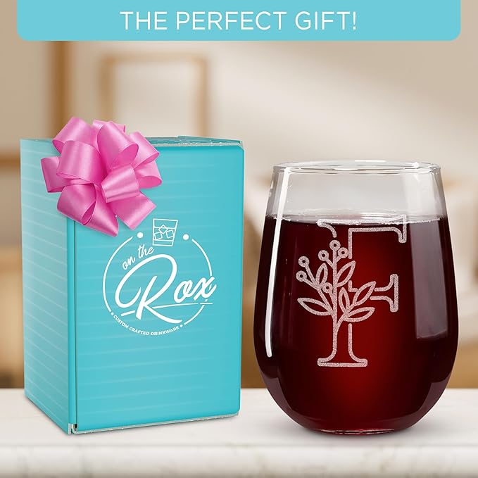 On The Rox Drinks Monogrammed Gifts For Women and Men - Letter A-Z Initial Engraved Monogram Stemless Wine Glass - 17 Oz Personalized Wine Gifts For Women and Men (F)