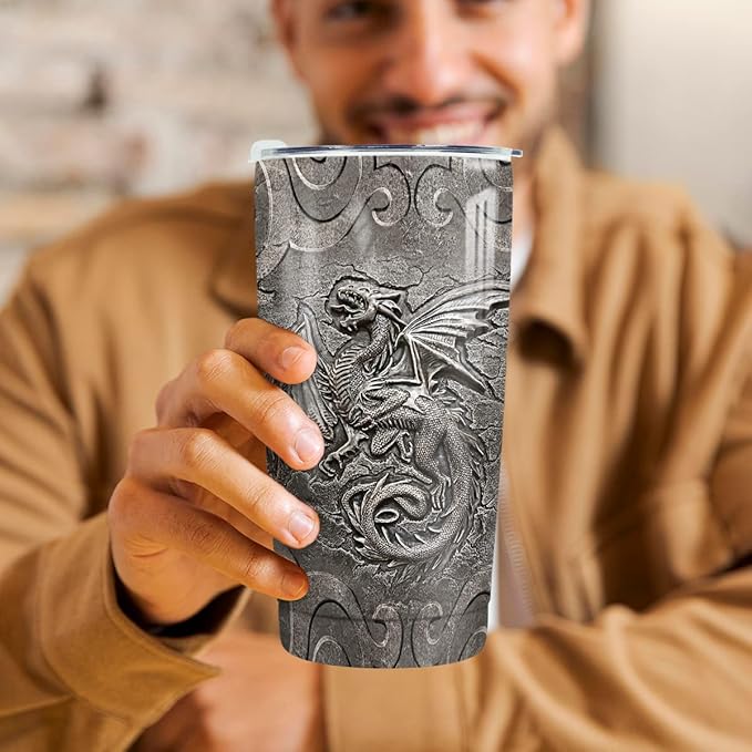 winorax Dragon Tumbler Metal Style Fossil Dragon Lover Viking Celtic Tumblers Stainless Steel 20oz Insulated Travel Coffee Mug Gifts for Men Women Birthday Christmas Presents