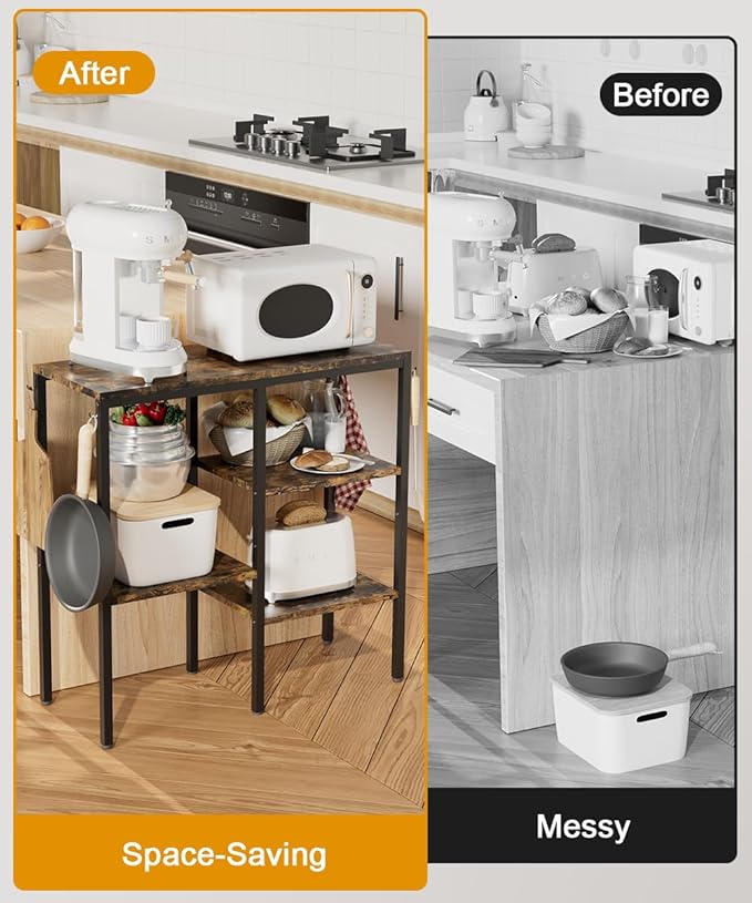 Artibear 4-Tier Kitchen Microwave Oven Stand, Adjustable Coffee Bar Station for Small Appliance, Baker's Rack with 4 Hooks & 5 Storage Shelves, Utility Rack for Kitchen, Living Room, Office, Black